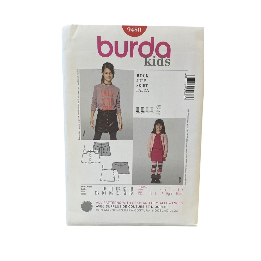 Burda Sewing Pattern Kids Size 4-14 9480 Skirt Easy Semi-Fitted Button Front